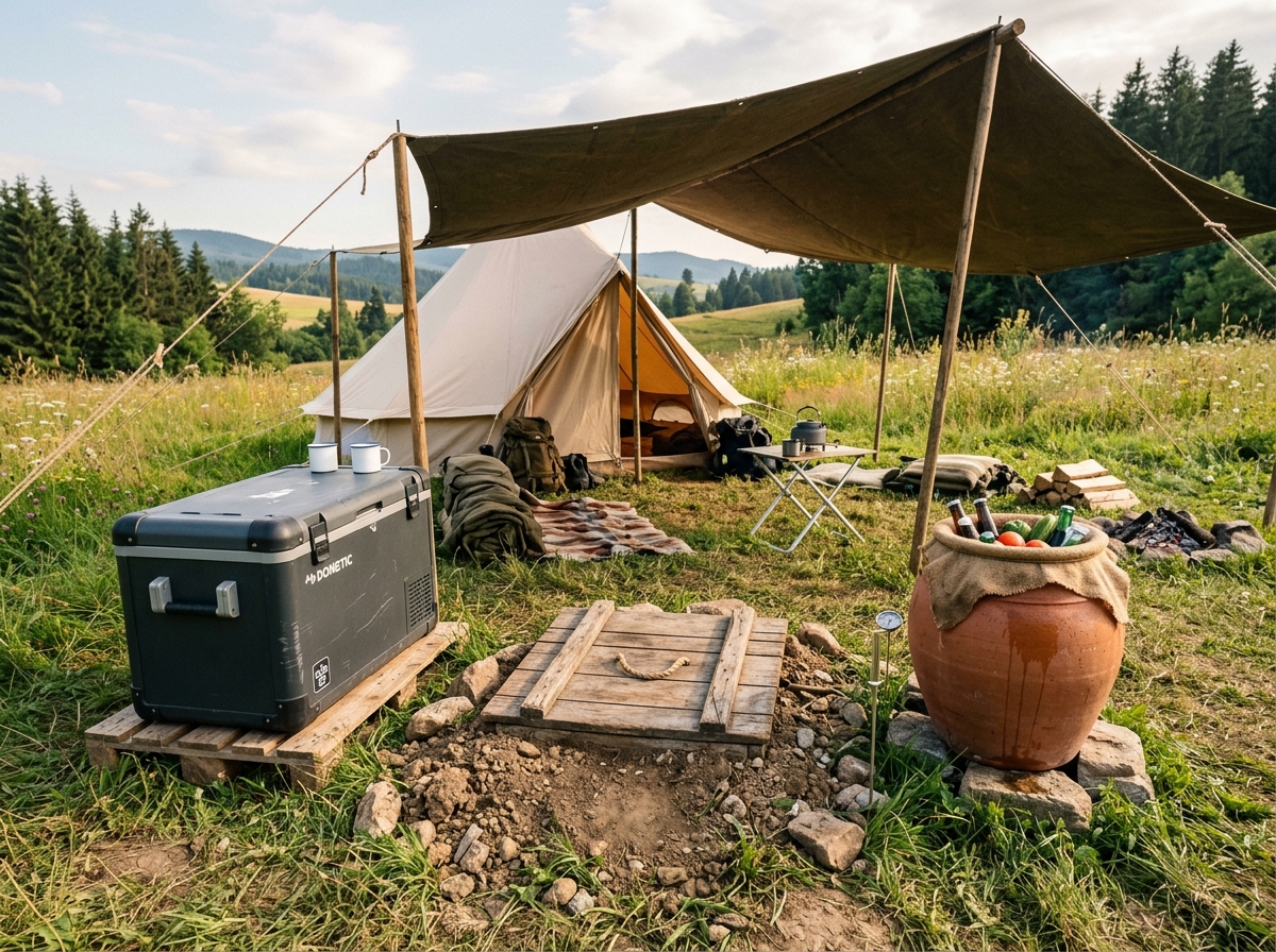 Camping-Aufbau mit drei Kühlmethoden: Kühlbox, Erdgrube und Zeer-Pot im Schatten