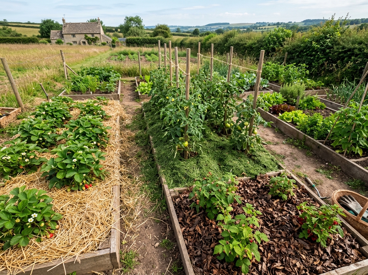 Gemüsebeete mit verschiedenen Mulchmaterialien: Stroh, Grasschnitt und gehäckseltes Laub