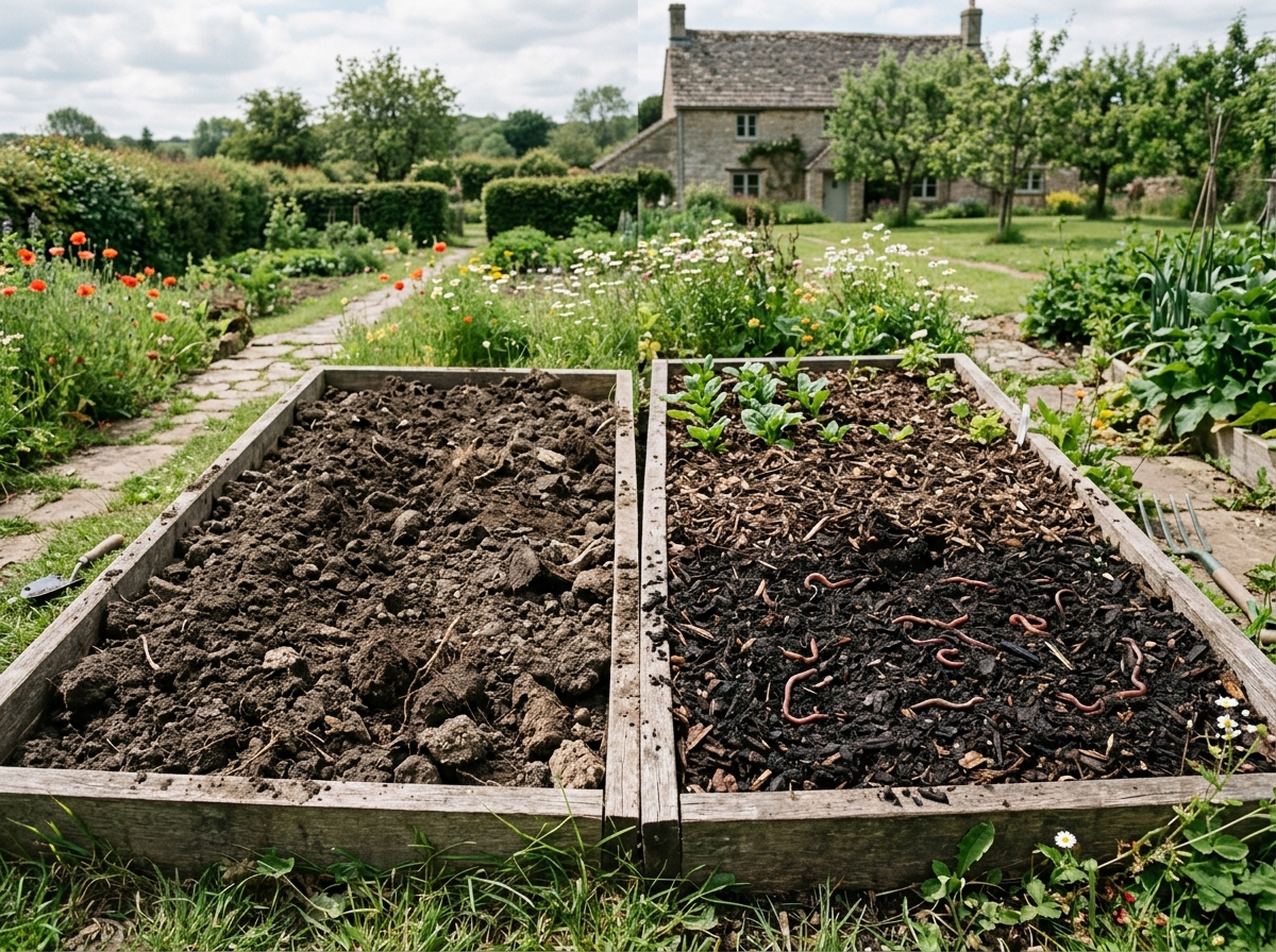Vergleich: umgegrabenes Beet mit zerstörter Struktur neben gemulchtem No-Dig-Beet mit Bodenleben