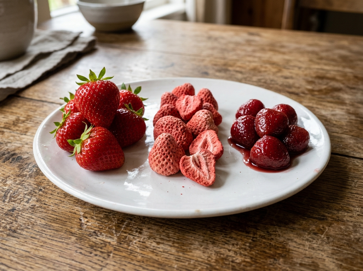 Frische, gefriergetrocknete und rehydrierte Erdbeeren im direkten Vergleich auf weißem Teller