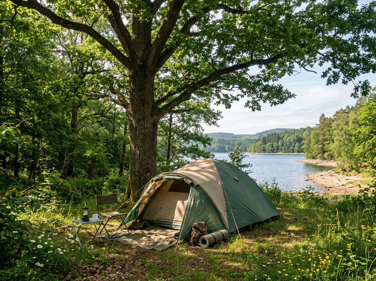 Zelt unter schattenspendendem Laubbaum am Waldrand mit Seeblick