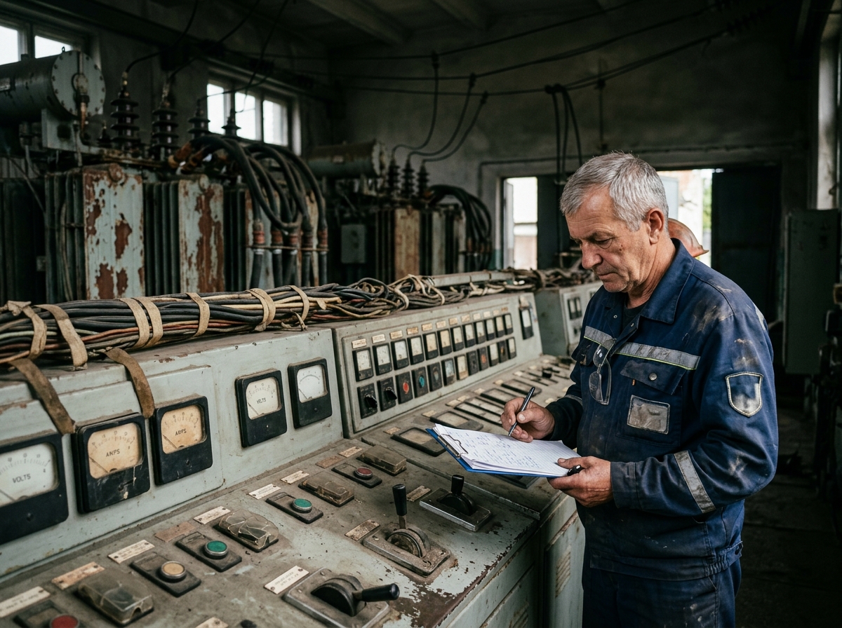 Techniker an veralteter Elektroanlage dokumentiert Fachkräftemangel in kritischer Infrastruktur