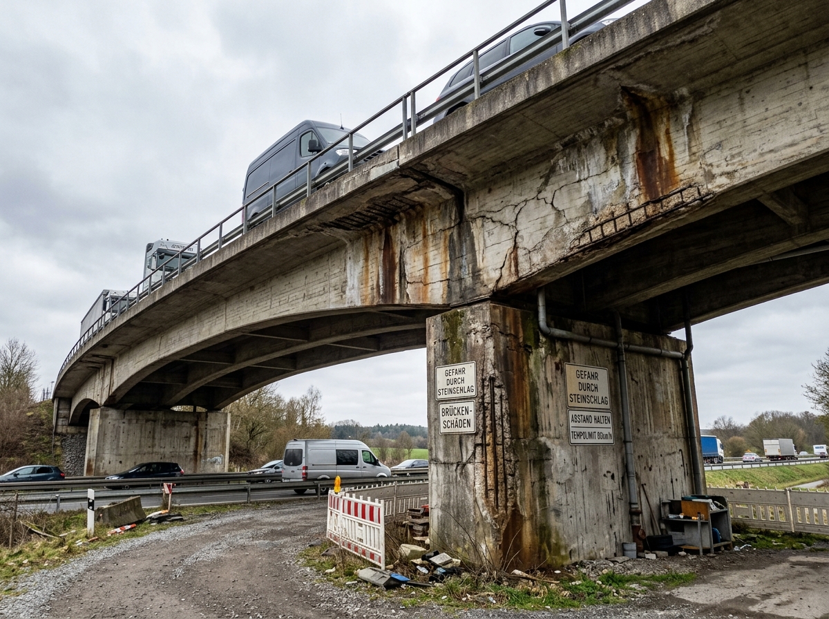 Brücke von unten zeigt massive Schäden - Symbol für schleichenden Infrastruktur-Kollaps