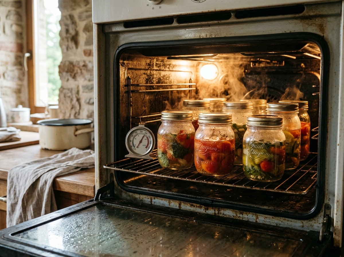 Befüllte Einmachgläser im geöffneten Backofen mit sichtbarem Thermometer und Dampf