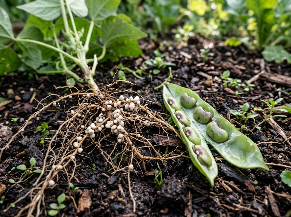 Bohnenwurzeln mit Knöllchenbakterien und aufgeschnittene Hülse – Stickstoffsammler im Garten