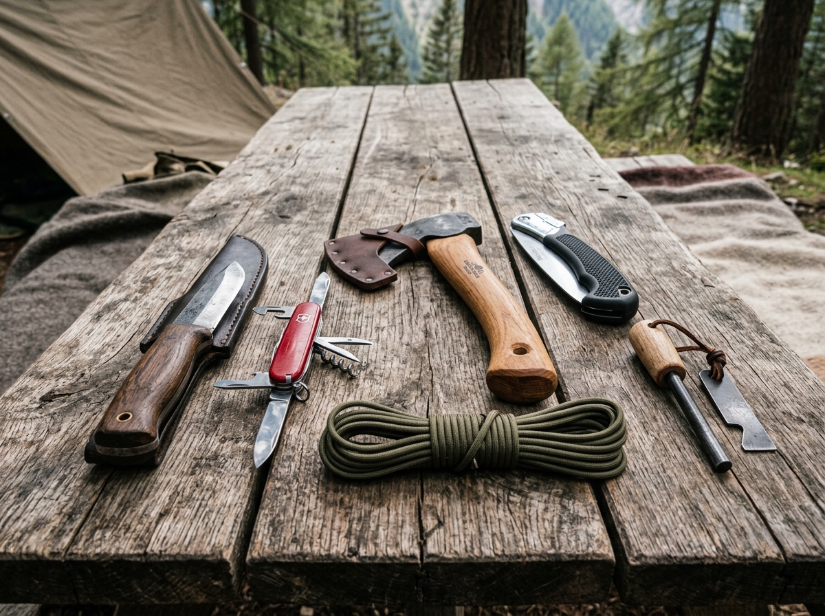 Outdoor-Werkzeuge übersichtlich auf Holzuntergrund: Messer, Multitool, Axt, Säge, Paracord, Feuerstahl