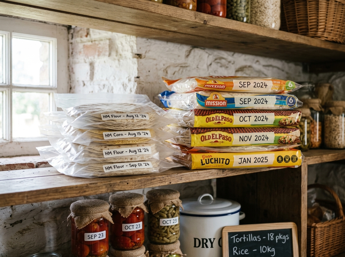 Vorratsregal mit datierten Tortilla-Packungen und vakuumierten selbstgemachten Tortillas