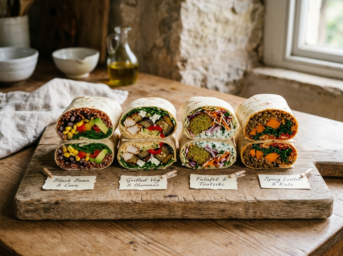 Vier aufgeschnittene Tortilla-Wraps mit verschiedenen Füllungen auf Holzbrett