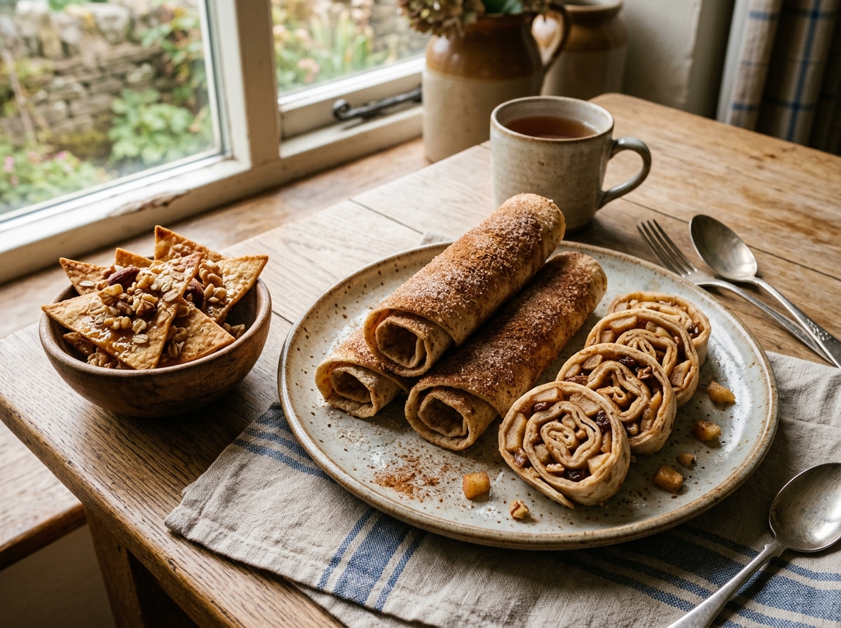 Süße Tortilla-Varianten: Zimt-Zucker-Rollen, Apfelmus-Röllchen und Honig-Nuss-Chips