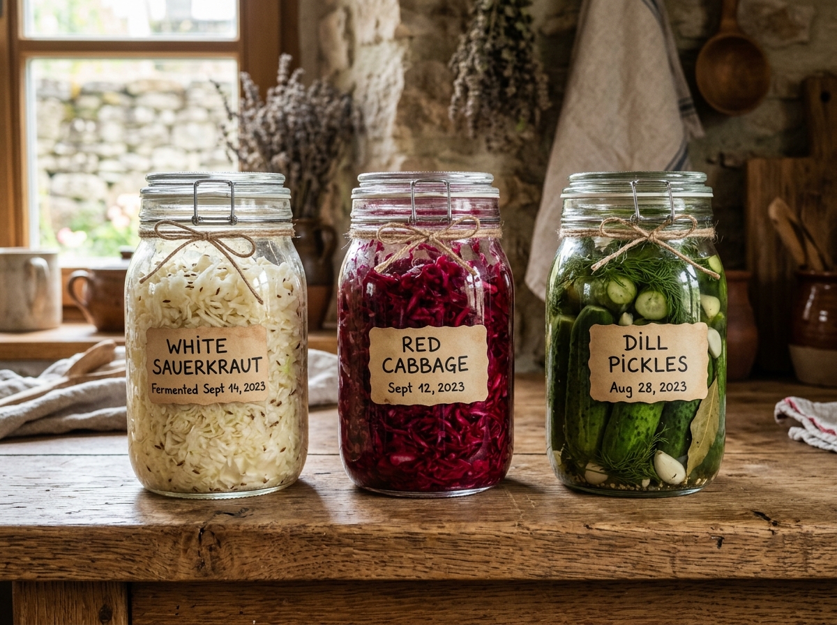 Drei Einmachgläser mit fermentiertem Gemüse: Sauerkraut, Rotkraut und Gurken mit Etiketten