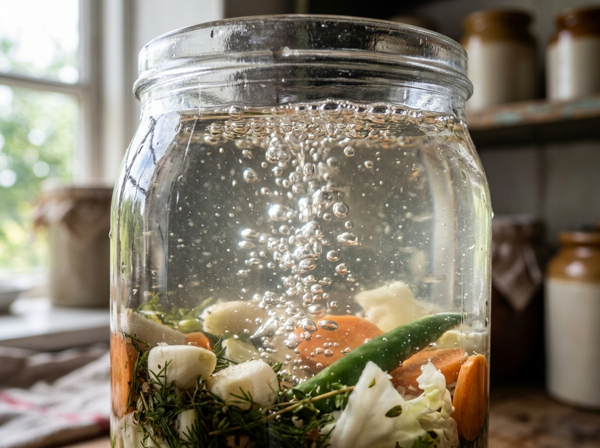 Detailaufnahme aufsteigender Luftblasen im Fermentationsglas mit Gemüsestücken unter der Lake