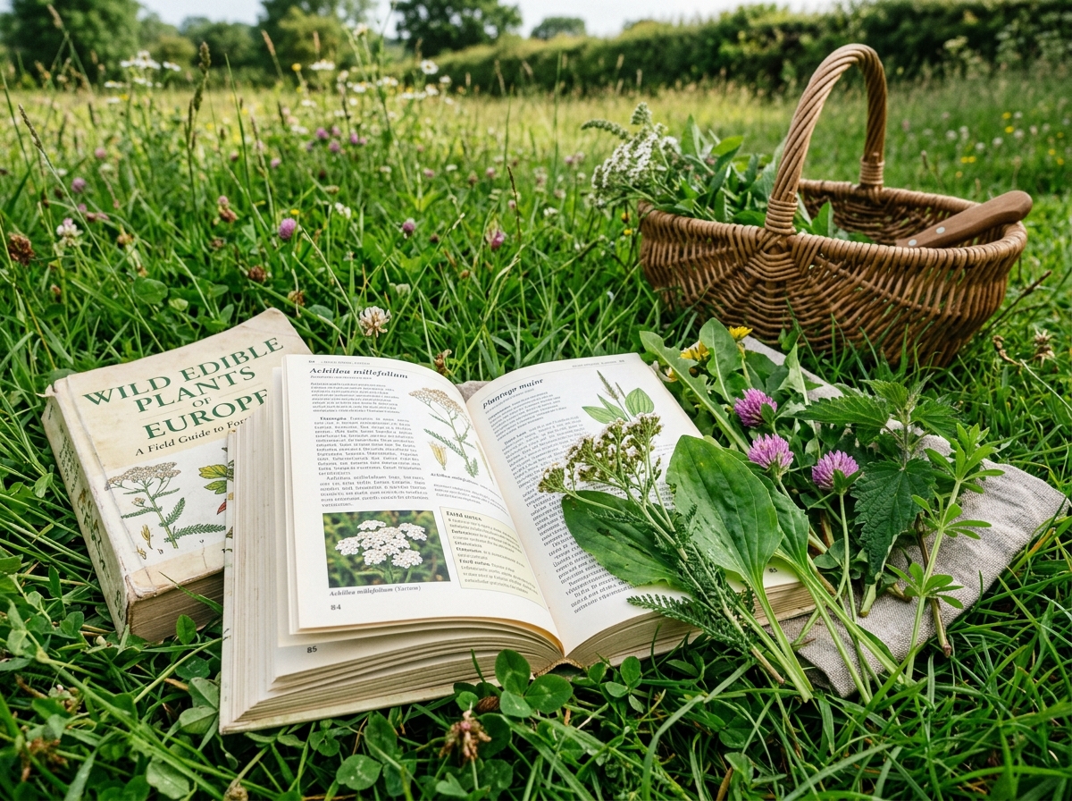 Aufgeschlagenes Wildpflanzenbuch auf Wiese mit gesammelten Kräutern und Sammelkorb