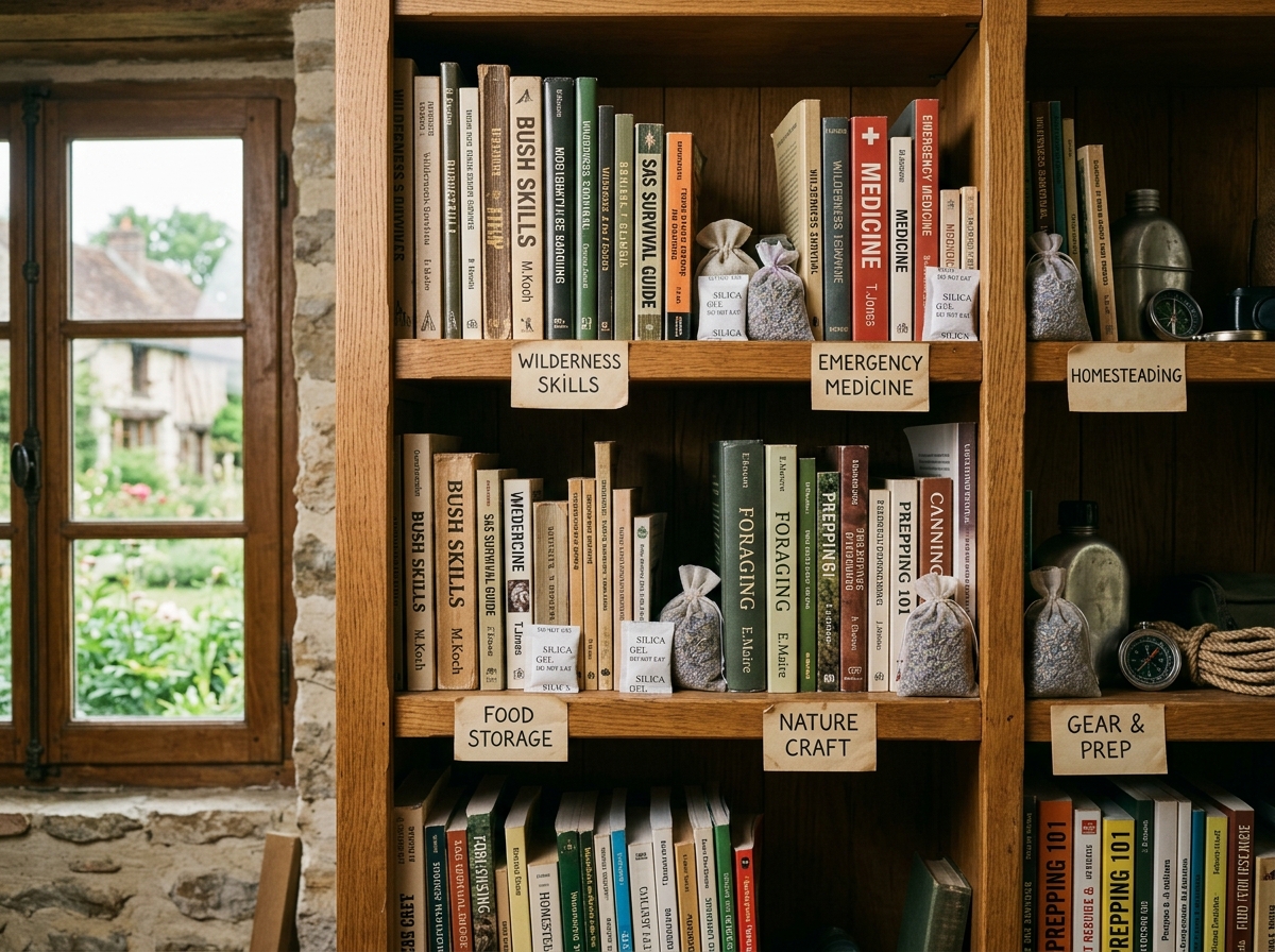 Bücherregal mit Prepper-Literatur, Silica-Gel-Beuteln und beschrifteten Kategorien
