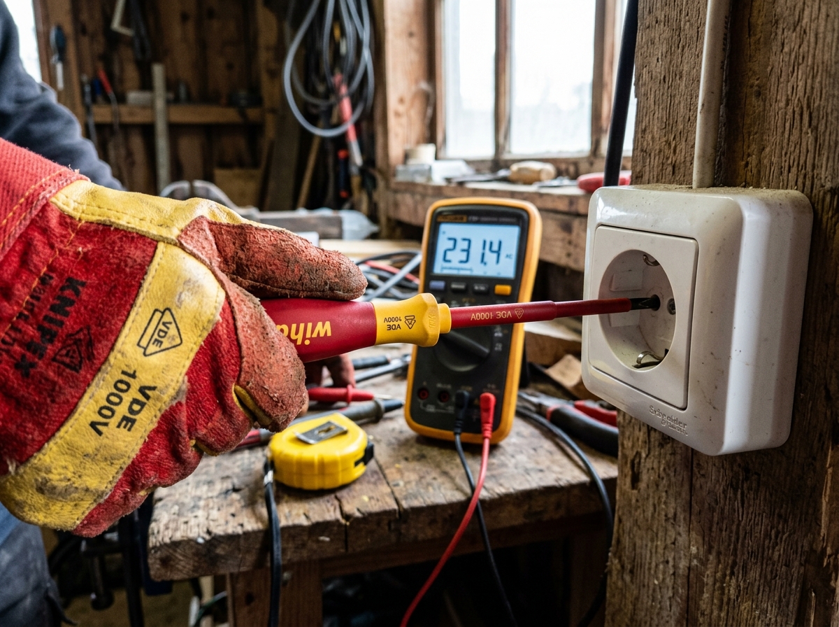 Sicheres Prüfen einer Steckdose mit VDE-Schraubendreher und Multimeter mit Schutzhandschuhen