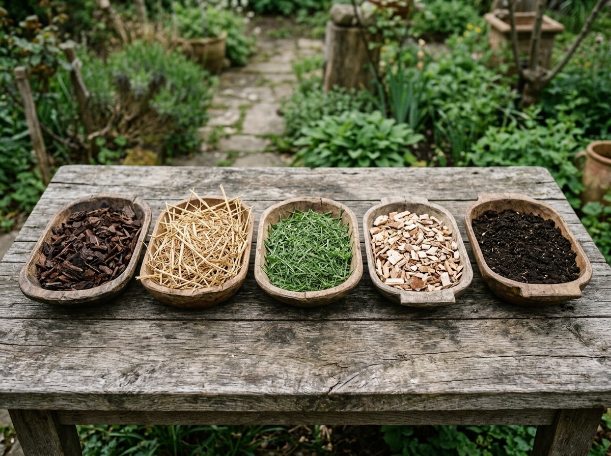 Verschiedene Mulchmaterialien in Schalen: Rindenmulch, Stroh, Grasschnitt, Holzhäcksel, Kompost