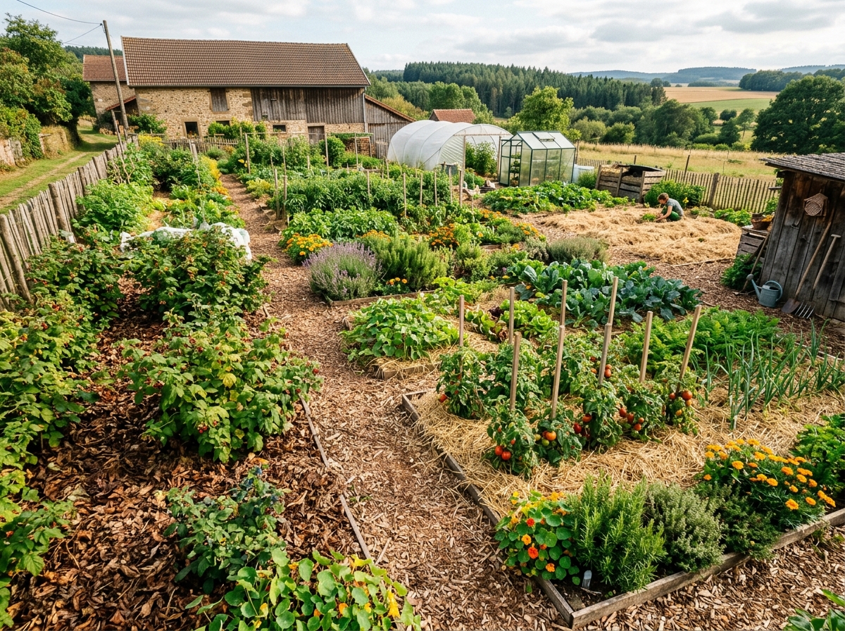 Selbstversorger-Garten mit verschiedenen Mulchzonen für Gemüse, Beeren und Wege