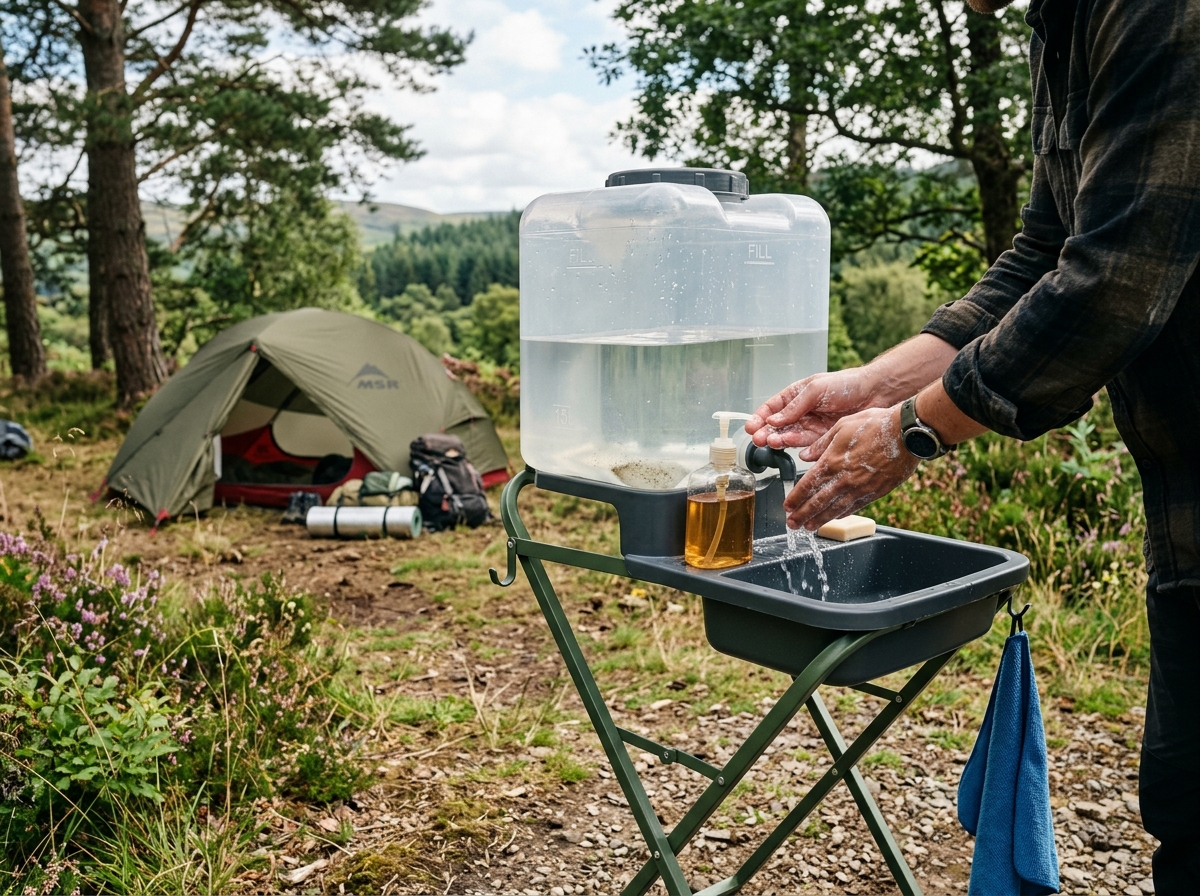 Aufgebautes mobiles Waschbecken mit Wassertank und Seifenspender am Campingplatz