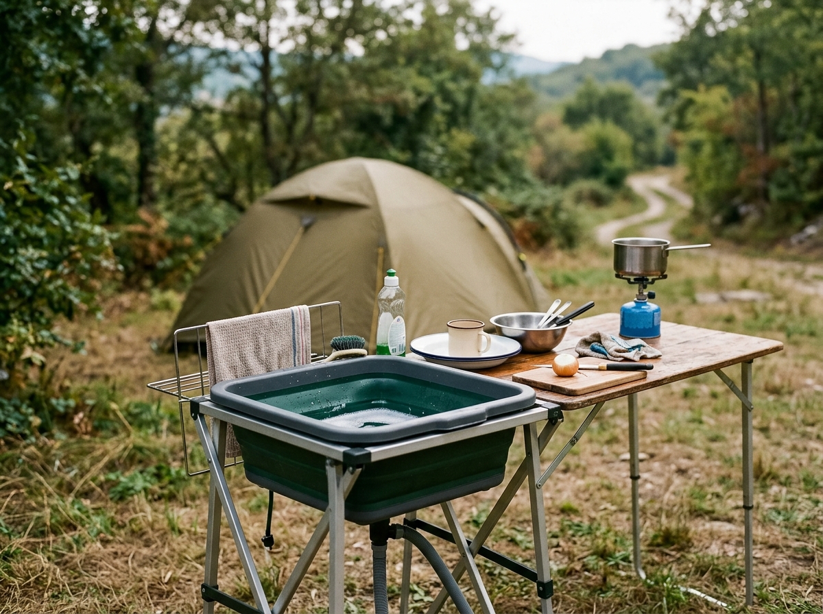 Klappbare Outdoor-Spüle mit Arbeitsfläche, Geschirr und Kochutensilien vor Zelt