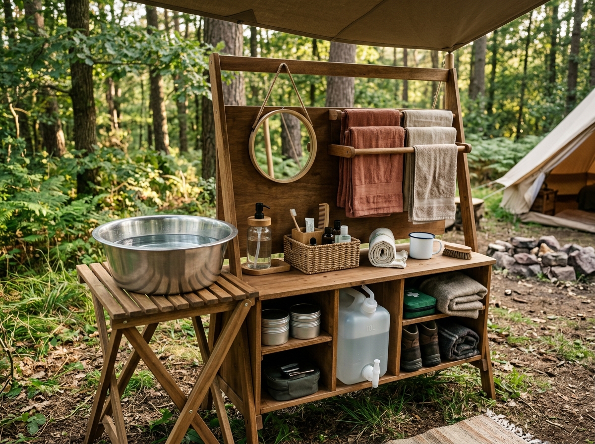 Vollständig ausgestattete mobile Hygiene-Station mit Waschbecken, Spiegel und Ablagen