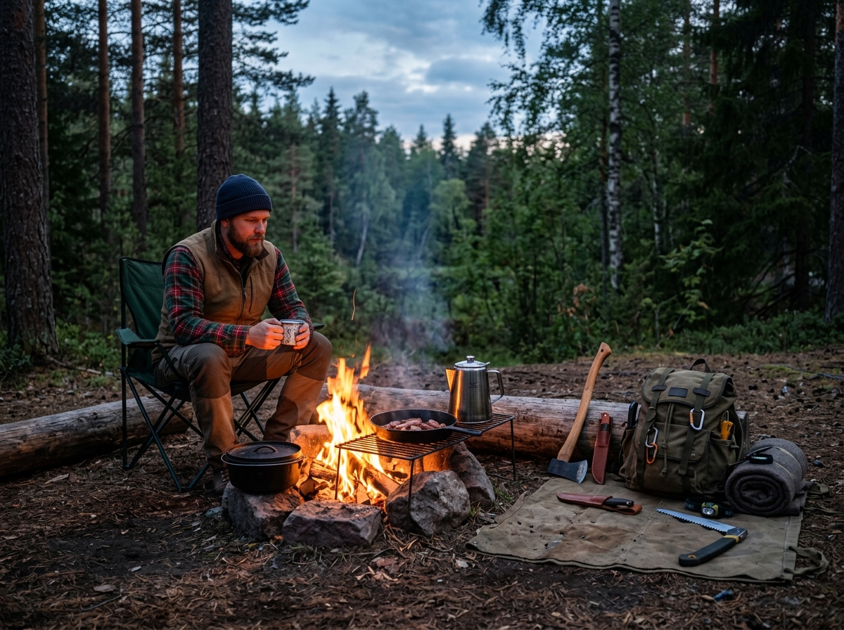 Campingstuhl in Nutzung am Lagerfeuer mit Outdoor-Ausrüstung und Werkzeug