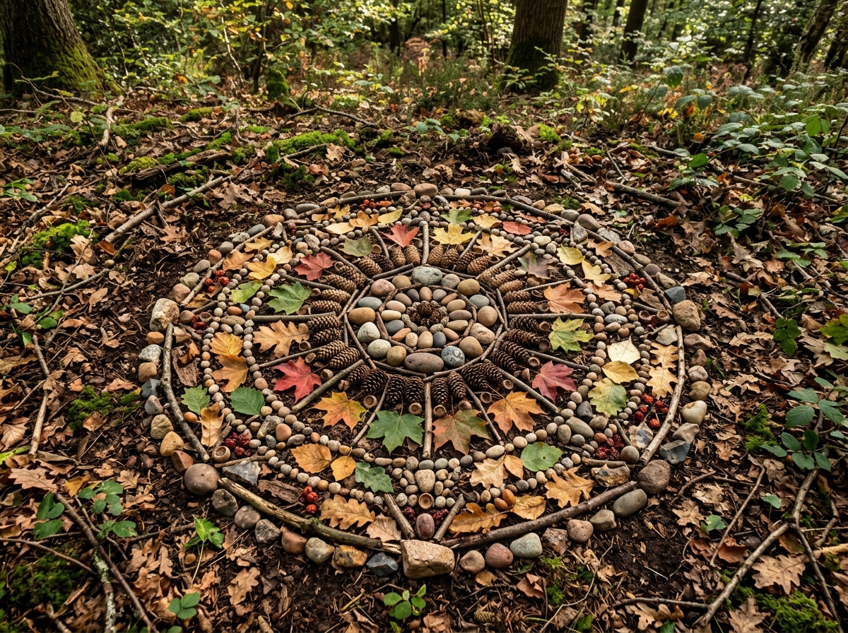 Buntes Mandala aus Steinen, Blättern, Zapfen und Zweigen auf Waldboden gelegt