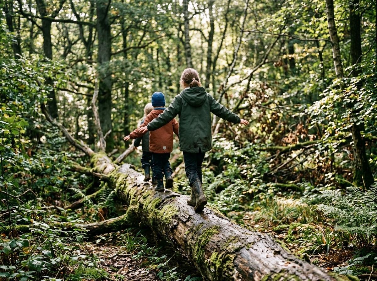 Kinder balancieren konzentriert auf umgefallenem Baumstamm im Wald
