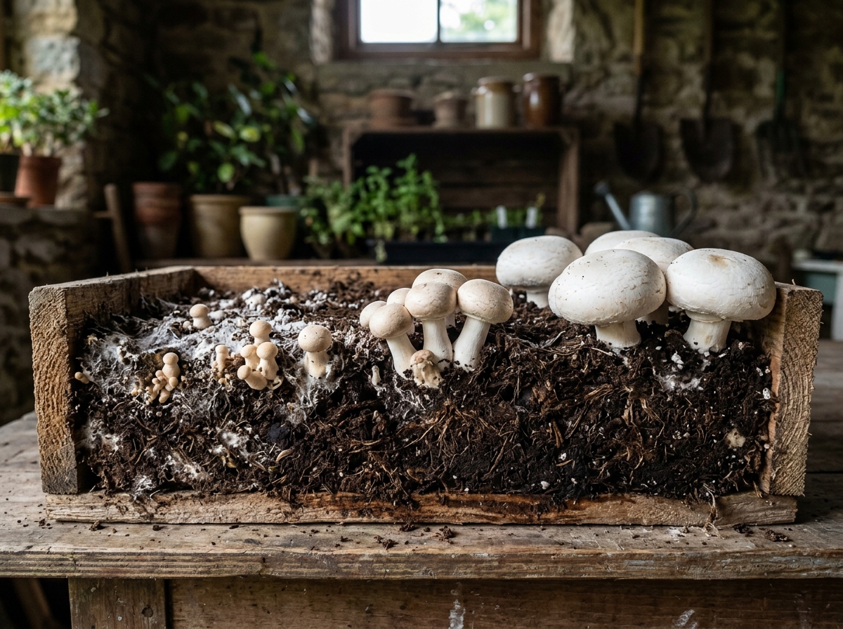 Champignon-Zuchtbehälter mit Pilzen von kleinen Knöpfchen bis zu erntereifen Exemplaren