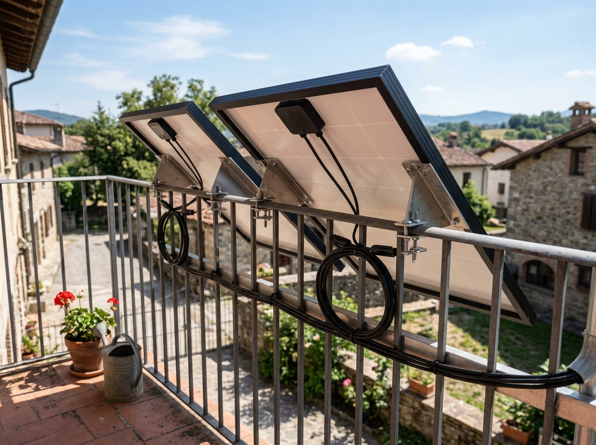 Solarmodule mit Halterungen am Balkongeländer befestigt – korrekte Ausrichtung und Montage