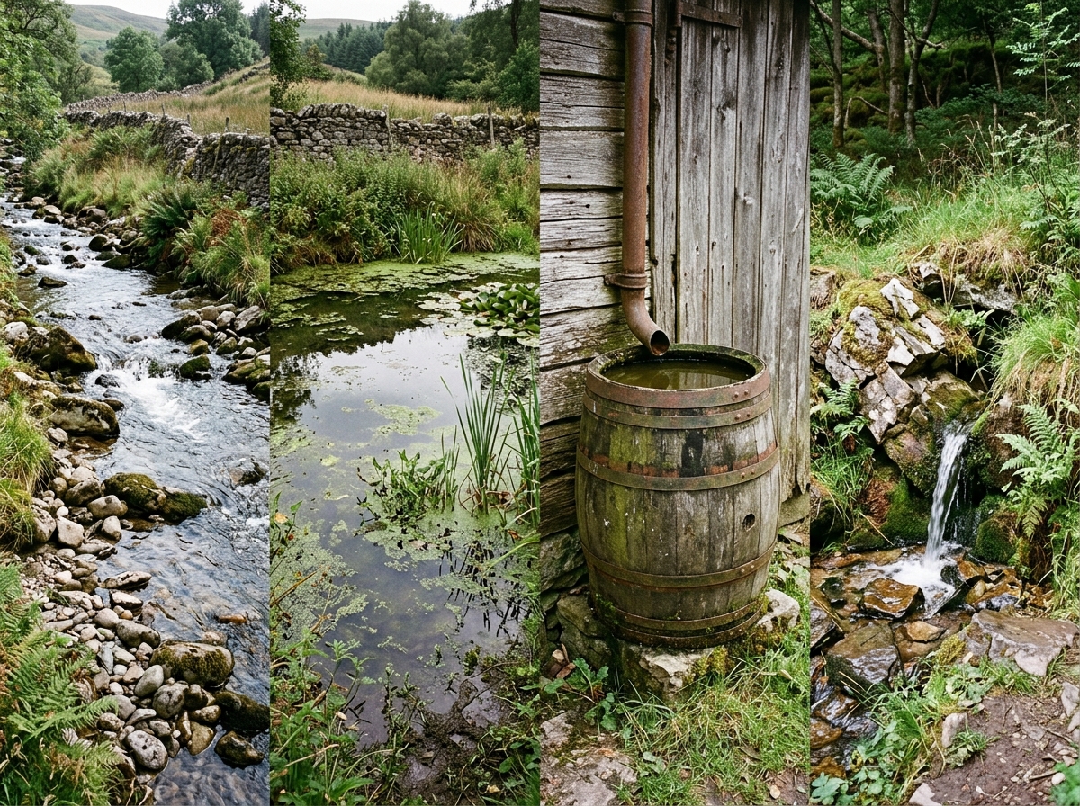Vergleich natürlicher Wasserquellen: Bergbach, Teich, Regenwassertonne und Quelle