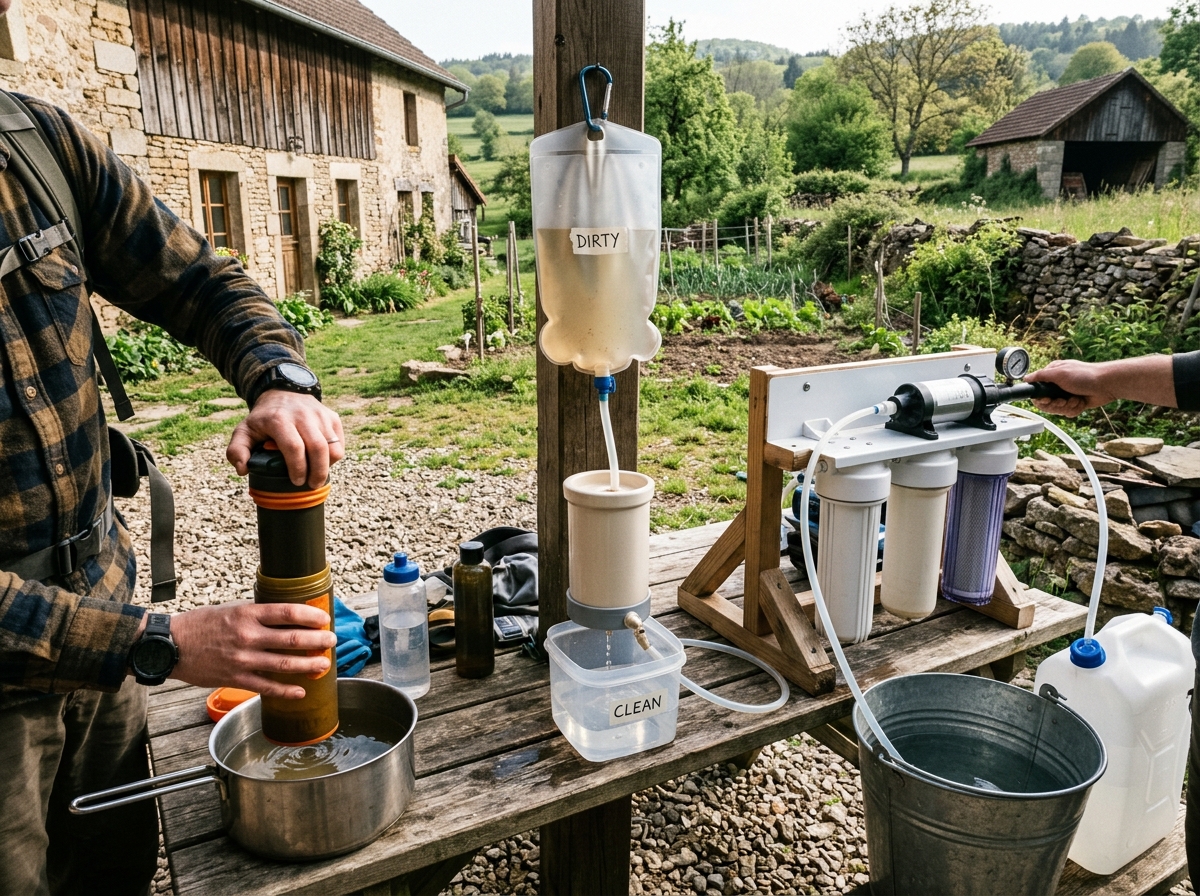 Verschiedene Wasserfiltersysteme: tragbarer Filter, Keramikfilter und stationäres System