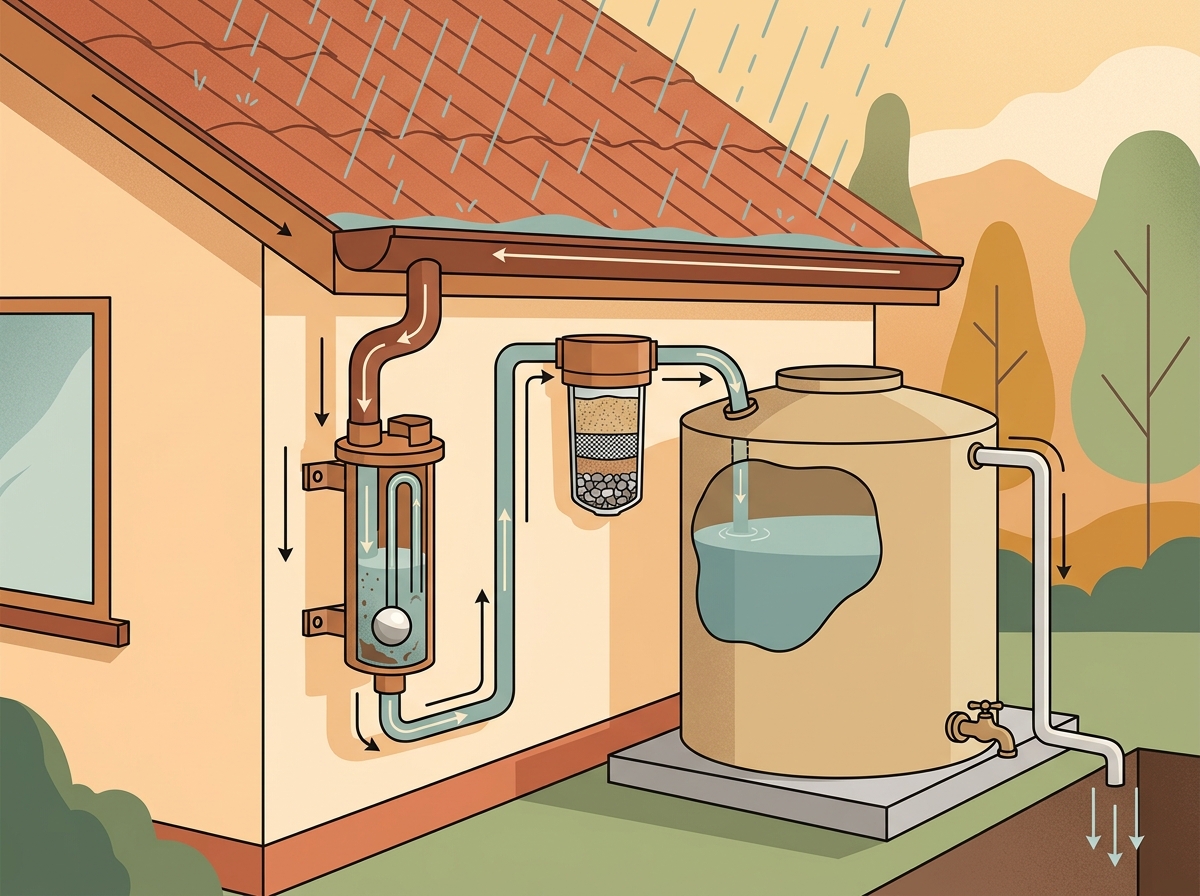 Schema Regenwassernutzung: Dachrinne, Filter, Speichertank und Entnahmestelle