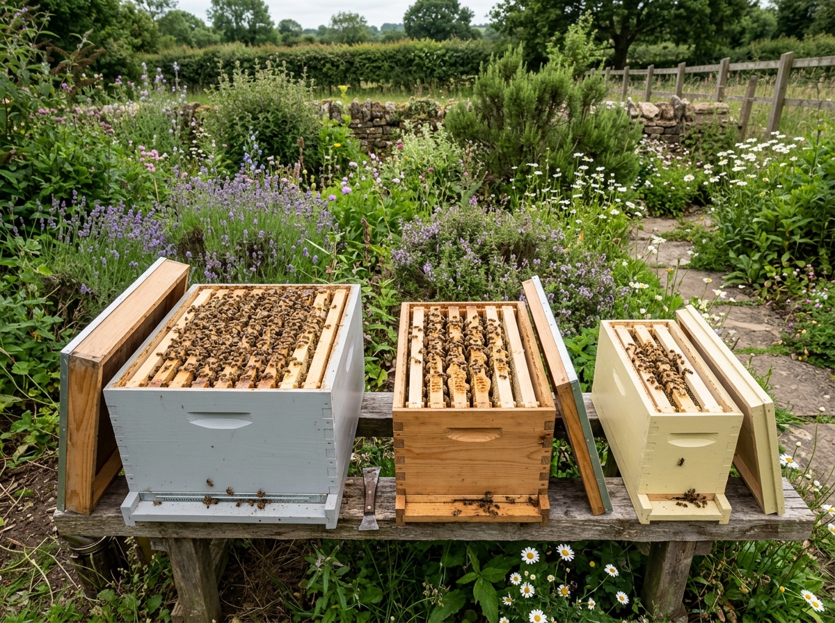 Drei geöffnete Bienenkästen: Wirtschaftsvolk, Ableger und Begattungseinheit nebeneinander