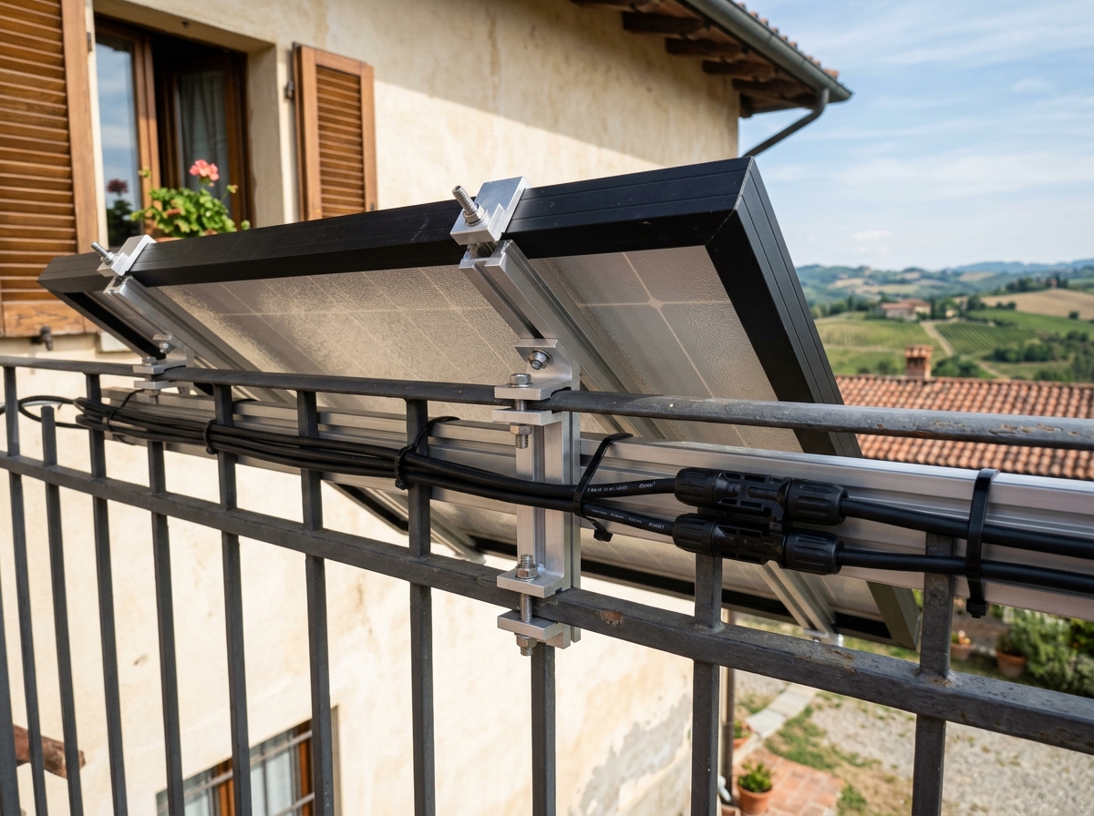 Zwei Solarmodule fachgerecht am Balkongeländer montiert mit sichtbarem Montagesystem