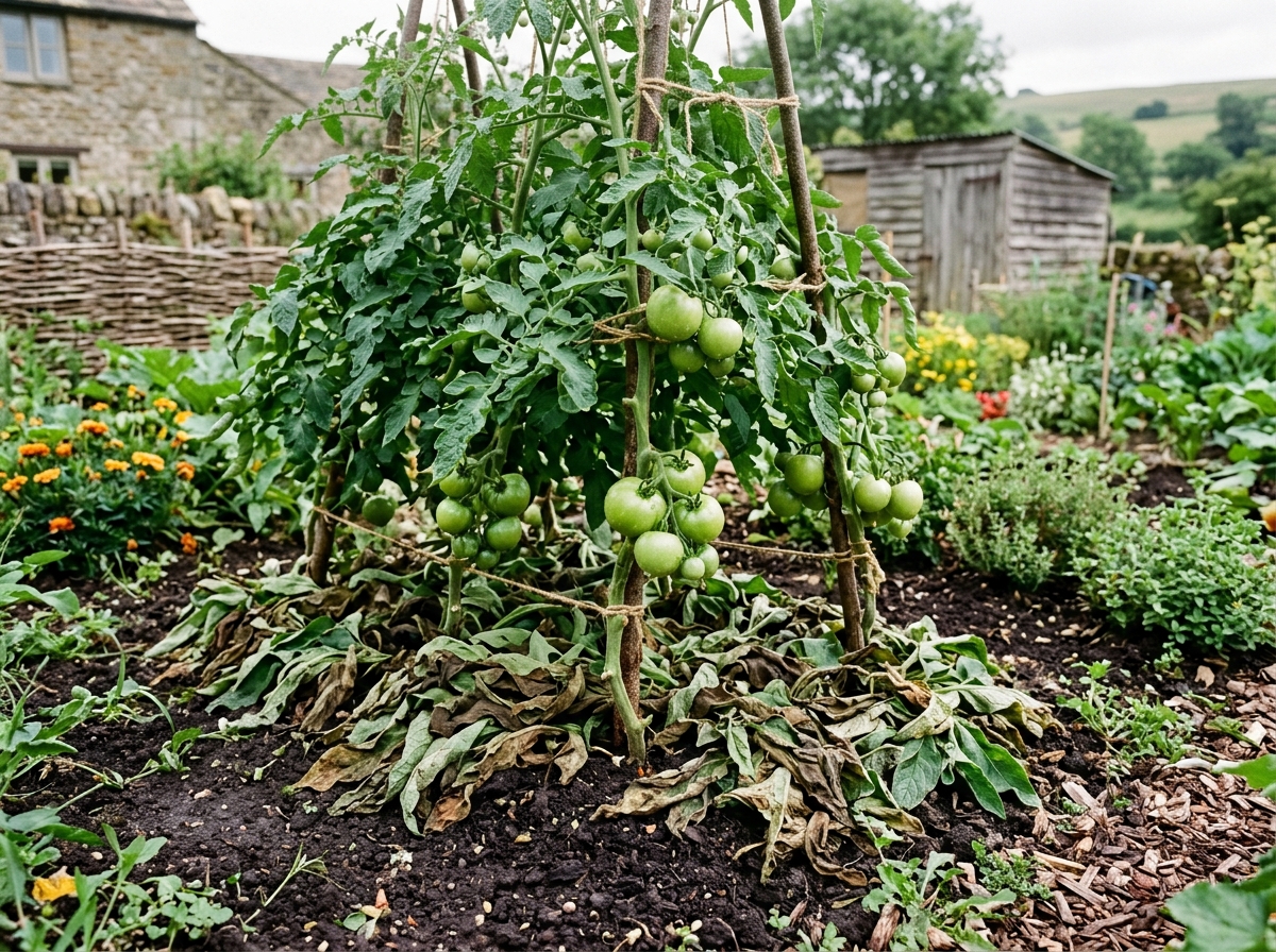 Tomatenpflanzen mit Beinwell-Mulchschicht um die Basis, gesunde grüne Tomaten an den Ranken