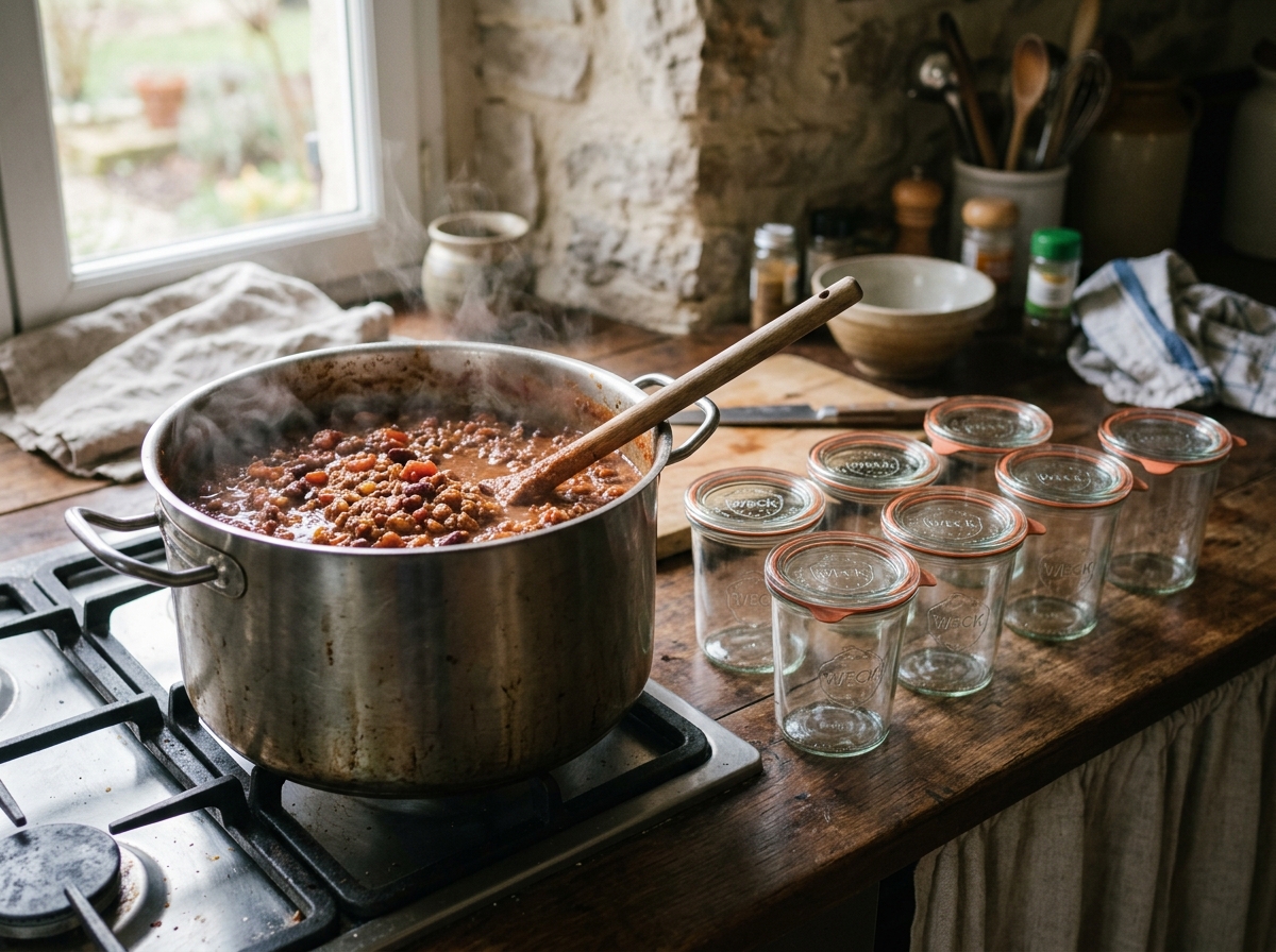 Großer Topf mit dampfendem Chili con Carne, daneben leere Weckgläser mit Gummiringen