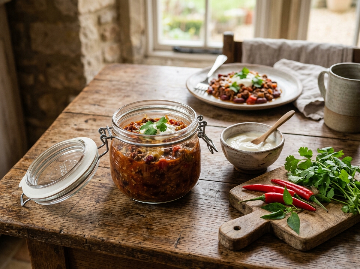 Geöffnetes Weckglas mit Chili con Carne, Sauerrahm, frischem Chili und Koriander