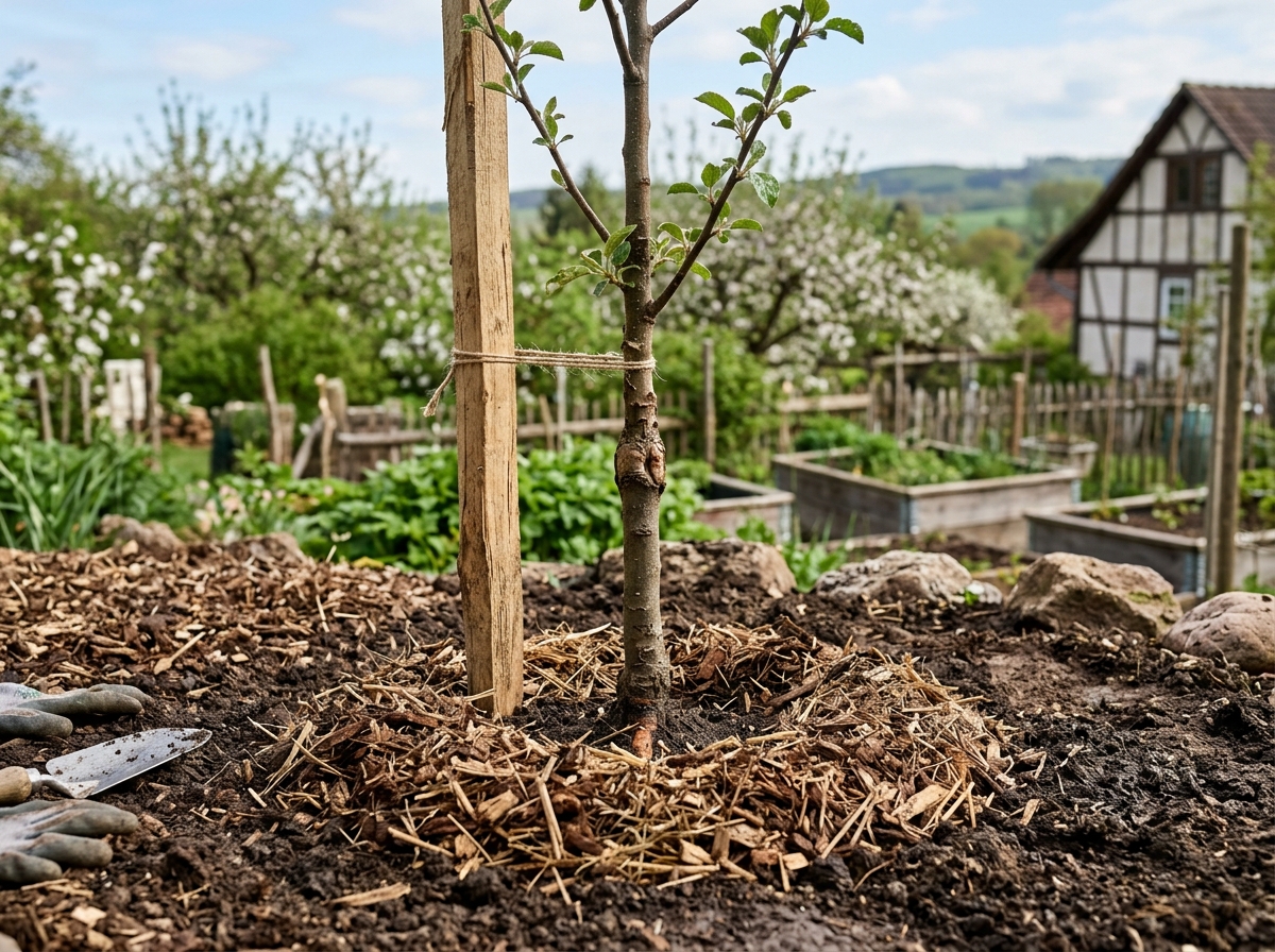 Junger Apfelbaum mit Stützpfahl und Mulchring, Veredlungsstelle sichtbar über Bodenniveau