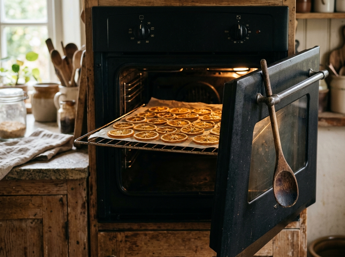 Backblech mit gedörrten Orangenscheiben im Backofen, Tür mit Kochlöffel offen