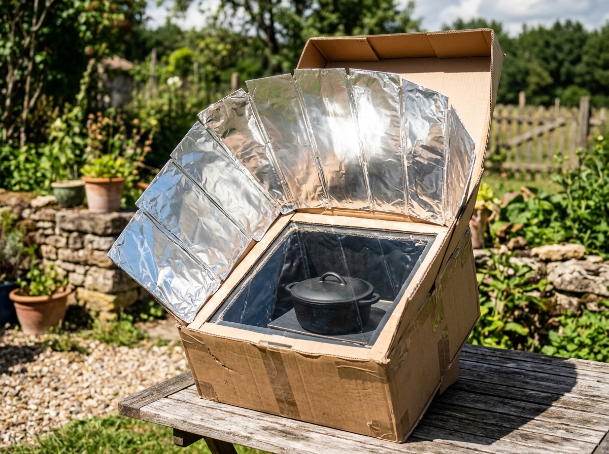 Karton-Solarkocher mit ausgeklappten Reflektoren, schwarzer Topf sichtbar durch Glasscheibe