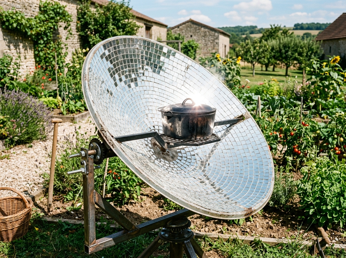 Parabolkocher aus Satellitenschüssel mit Spiegelfliesen, schwarzer Topf im Brennpunkt auf Gestell