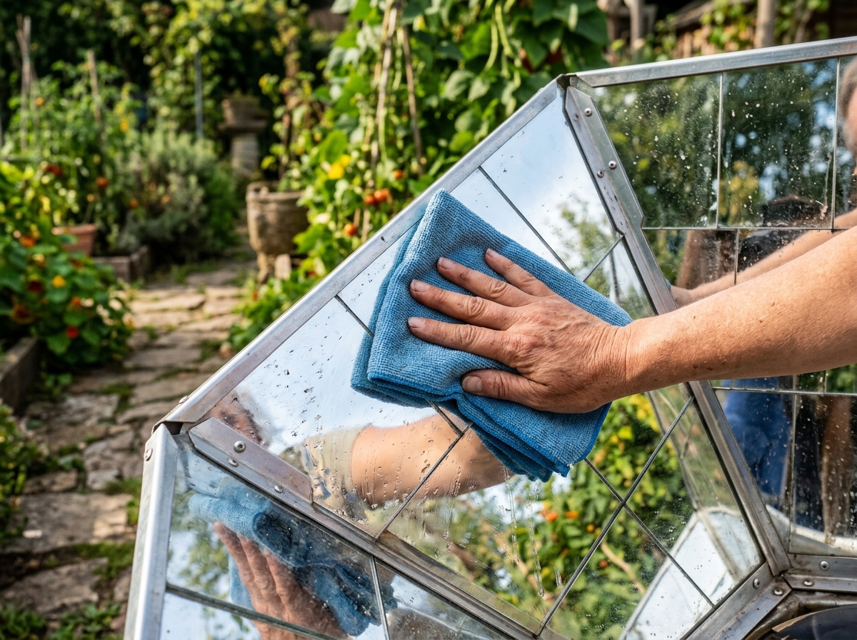 Hand reinigt Spiegelfläche eines Solarkochers mit Mikrofasertuch, Garten im Hintergrund